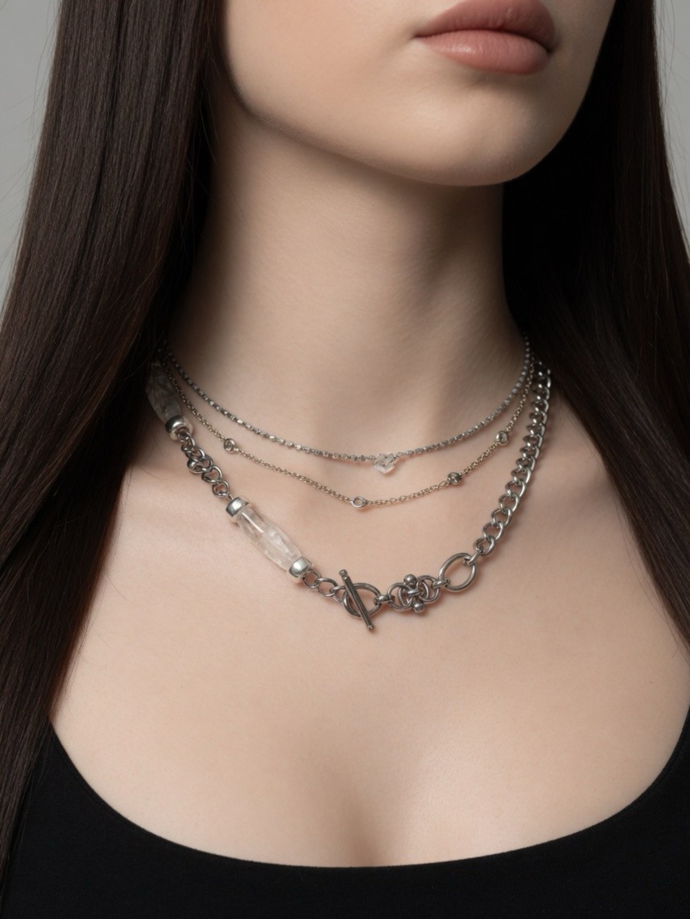 Delicate Weapon #10 Clear Quartz Sterling & Stainless Asymmetric Chain Necklace